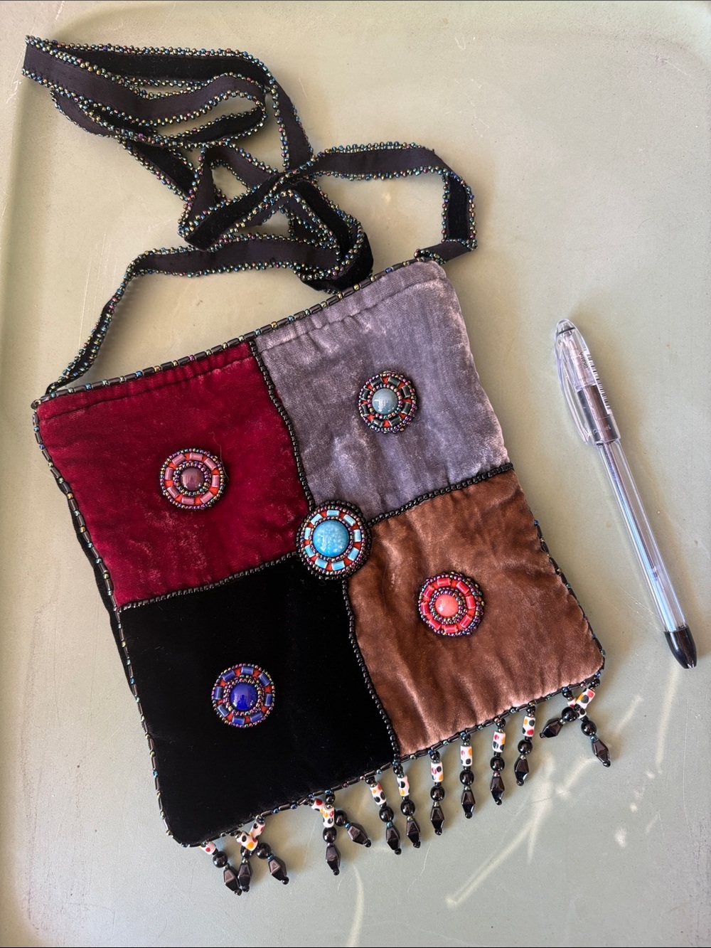 Beaded Silk & Velvet Patchwork Crossbody Bag in Red, Black, Brown & Gray